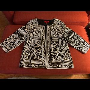 Joni B. Black Jacket with White Geometric Design
